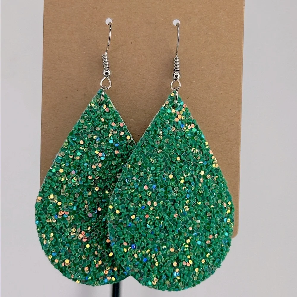 *LAST SET* Faux Leather Dangle Earrings Fashion Jewelry Green Sparkling